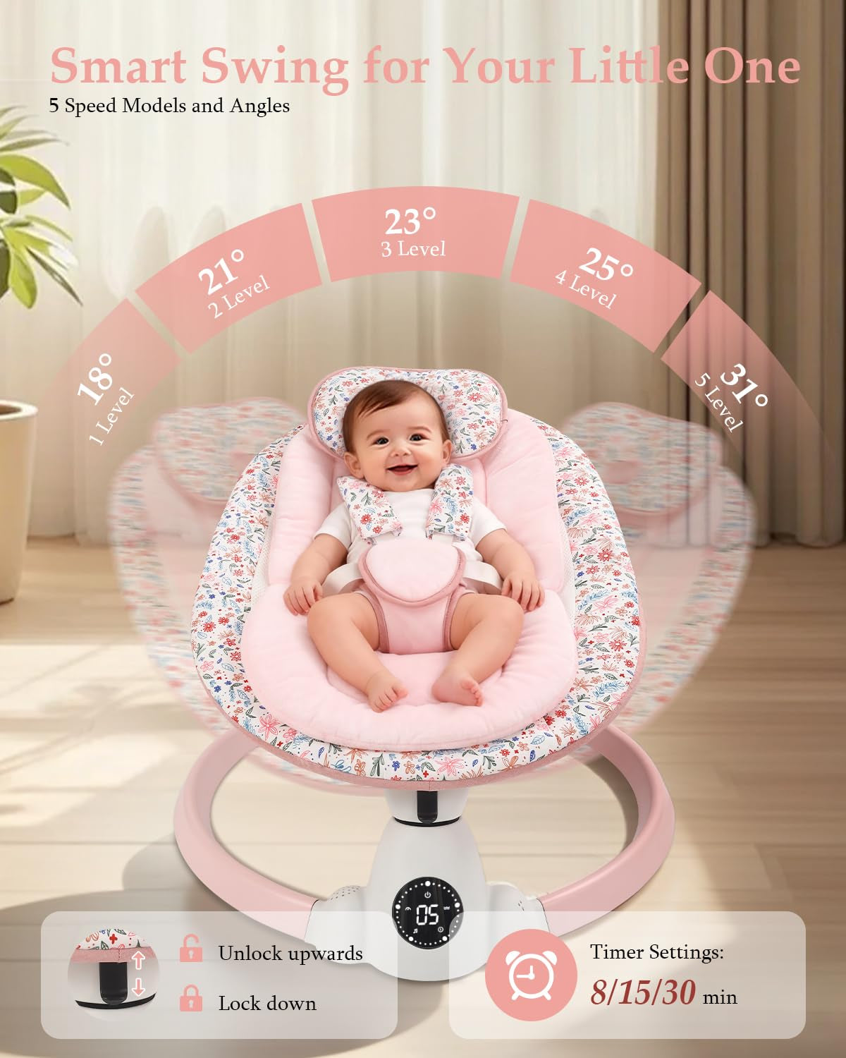 Baby Swing for Infants, Electric Baby Swing with Bluetooth, Portable Infant Swing with 5 Speeds, 10 Songs, 5-Point Harness & Remote Control, for Newborns Infants Indoor Outdoor Use (Pink)