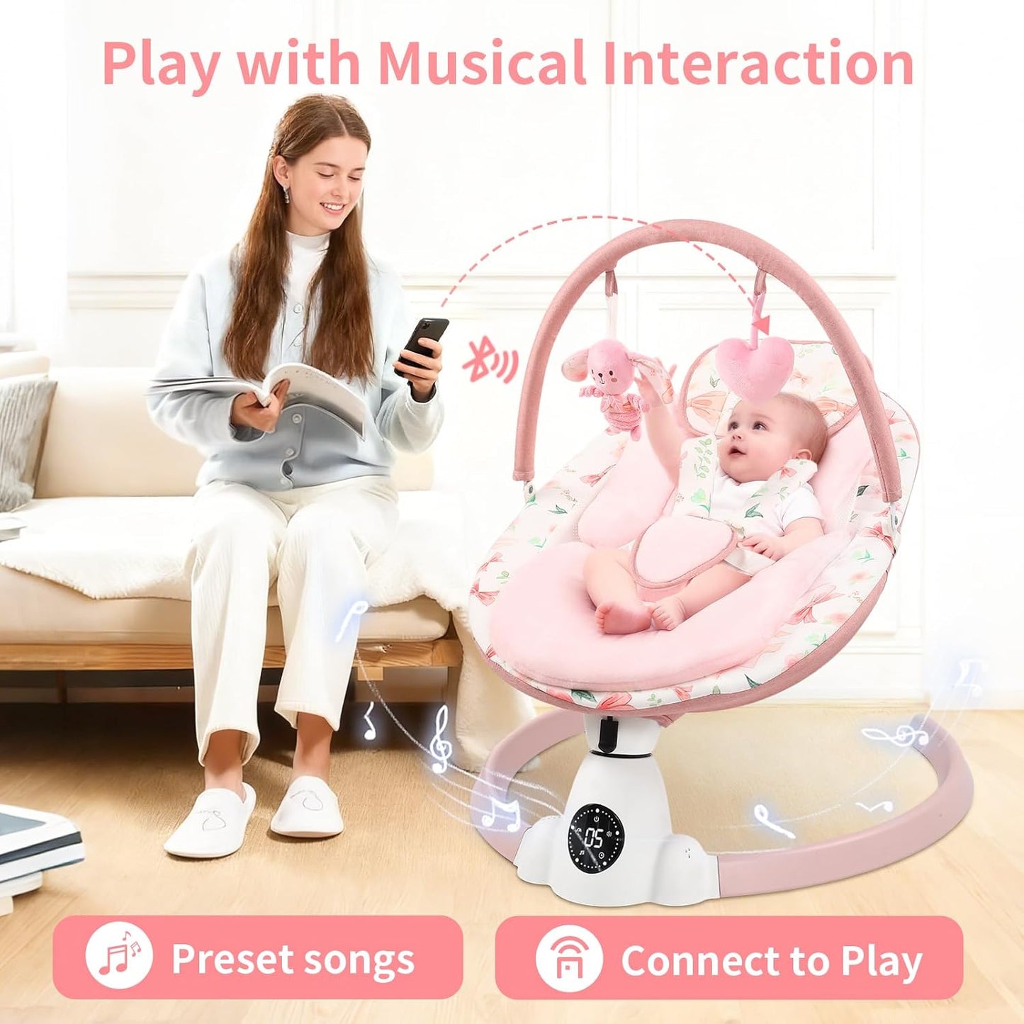 Baby Swing for Infants with 5 Swing Speeds, Portable Electric Baby Swing with Bluetooth, Touch Panel, 5-Point Harness, Indoor & Outdoor Use, Pink