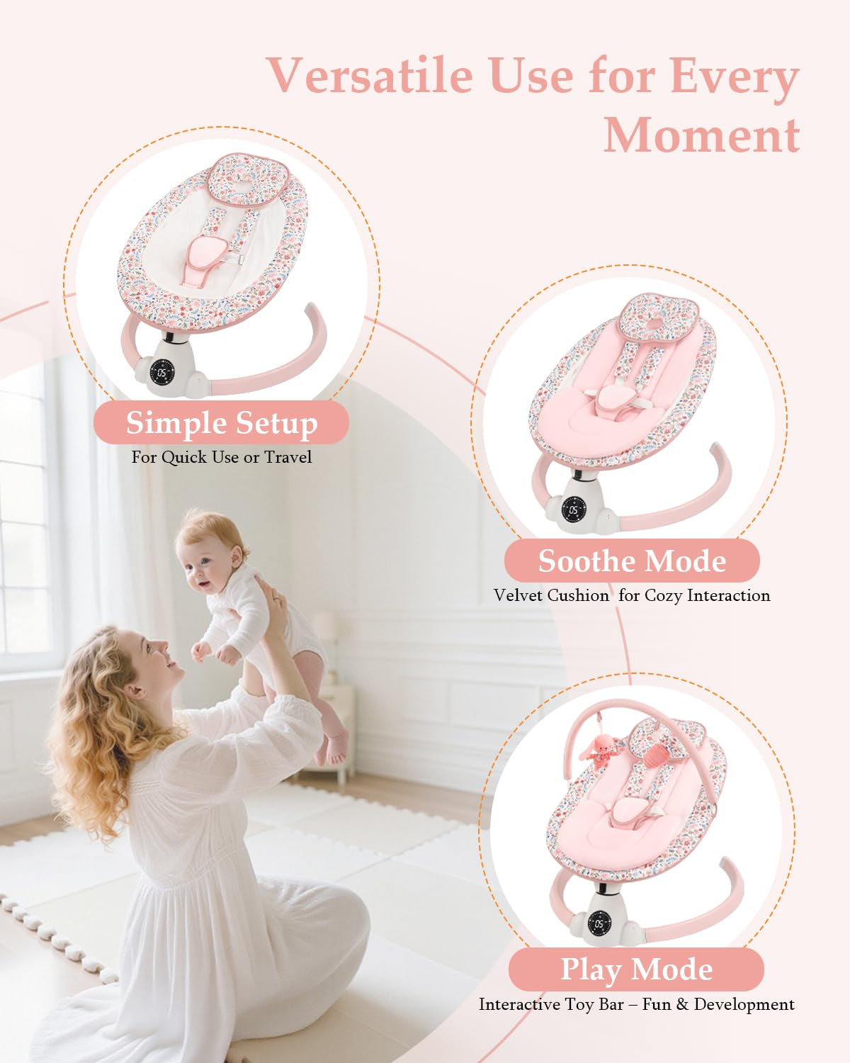 Baby Swing for Infants, Electric Baby Swing with Bluetooth, Portable Infant Swing with 5 Speeds, 10 Songs, 5-Point Harness & Remote Control, for Newborns Infants Indoor Outdoor Use (Pink)