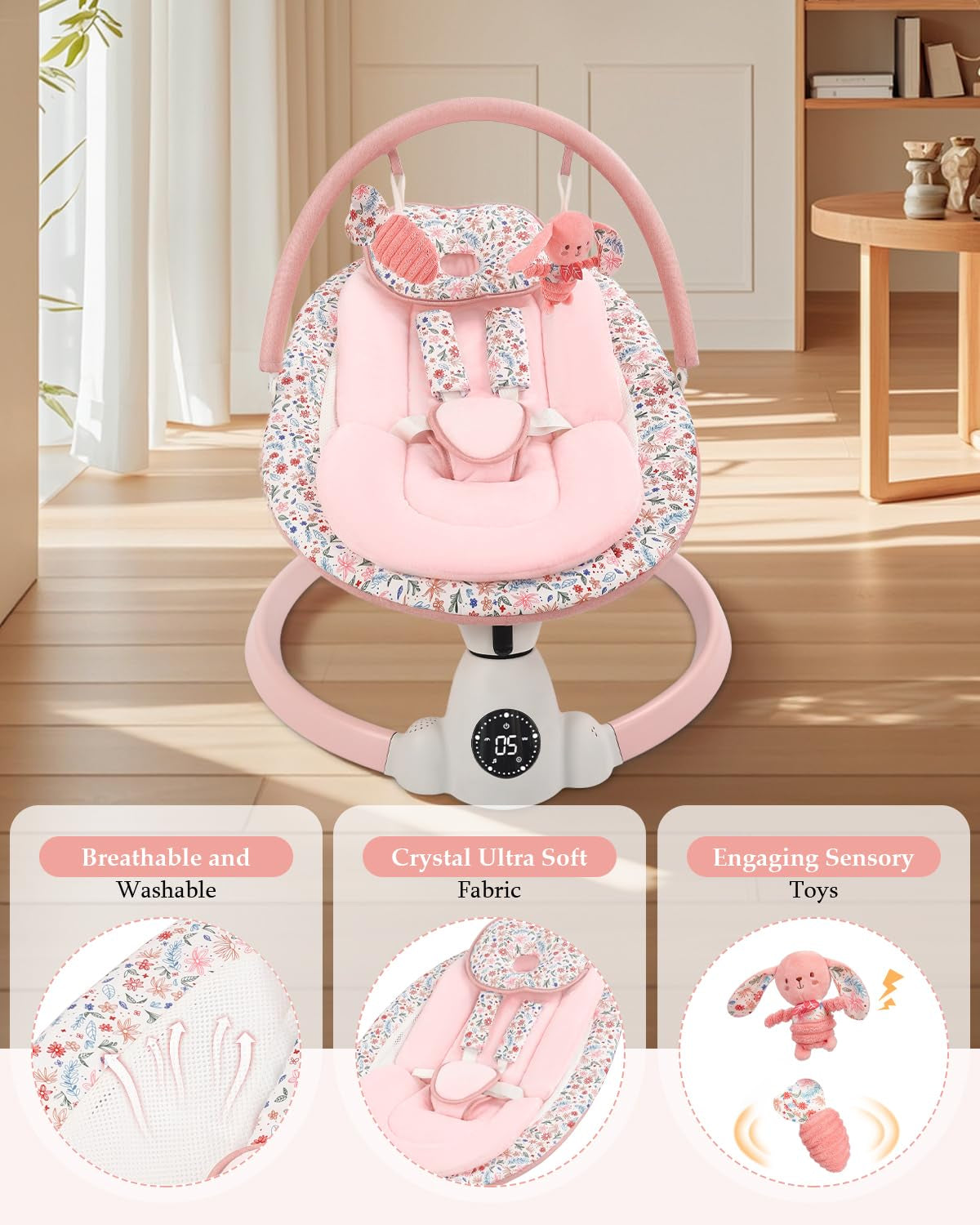 Baby Swing for Infants, Electric Baby Swing with Bluetooth, Portable Infant Swing with 5 Speeds, 10 Songs, 5-Point Harness & Remote Control, for Newborns Infants Indoor Outdoor Use (Pink)