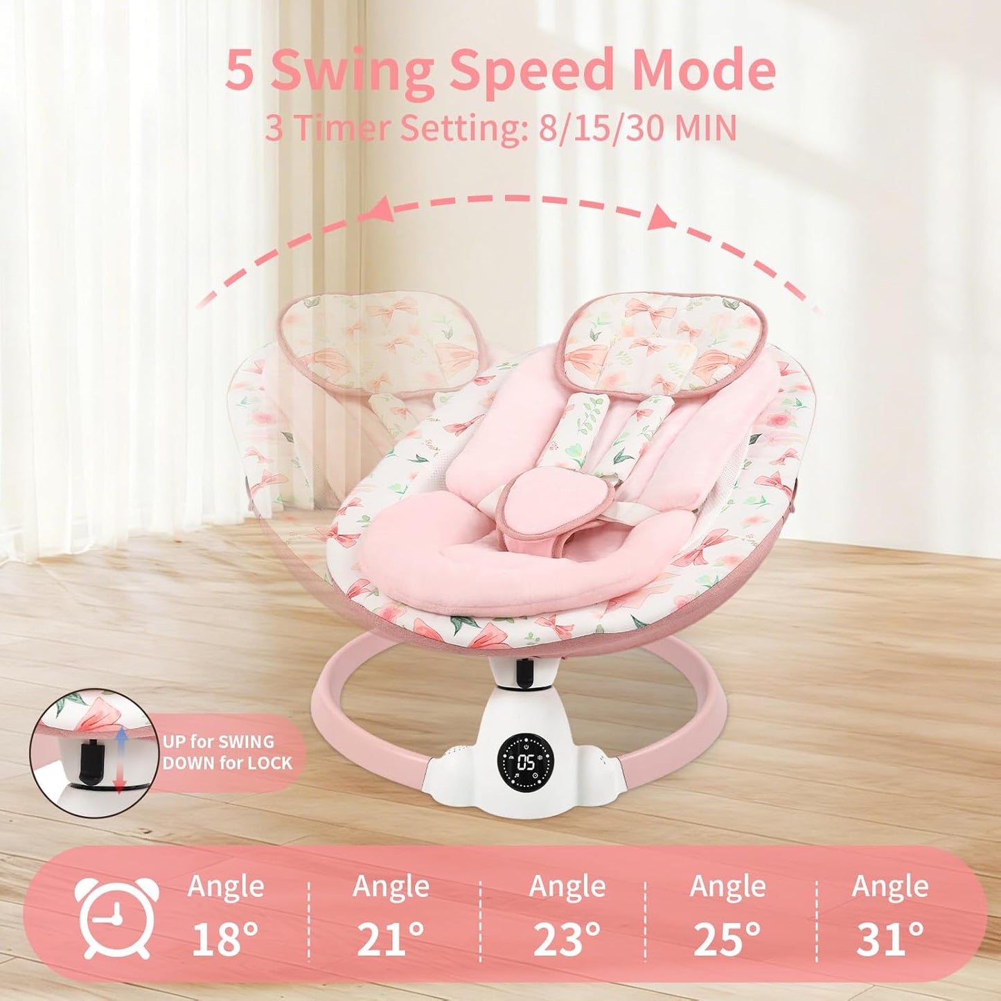 Baby Swing for Infants with 5 Swing Speeds, Portable Electric Baby Swing with Bluetooth, Touch Panel, 5-Point Harness, Indoor & Outdoor Use, Pink