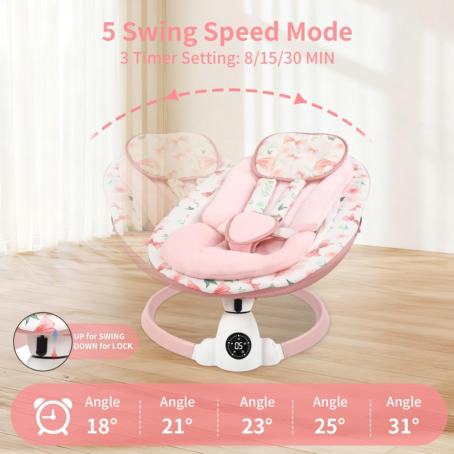 Baby Swing for Infants with 5 Swing Speeds, Portable Electric Baby Swing with Bluetooth, Touch Panel, 5-Point Harness, Indoor & Outdoor Use, Pink