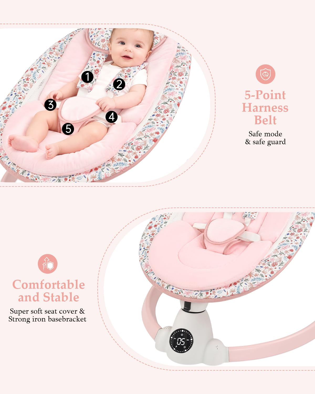 Baby Swing for Infants, Electric Baby Swing with Bluetooth, Portable Infant Swing with 5 Speeds, 10 Songs, 5-Point Harness & Remote Control, for Newborns Infants Indoor Outdoor Use (Pink)