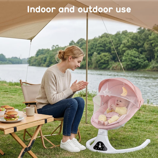 Electric Baby Swing with Remote Control - 5 Natural Motion Speeds, Detachable Seat Pad, Bluetooth Technology & Music, Portable Infant Swing for Indoor/Outdoor Use (0-12M, 20Lbs, Pink)