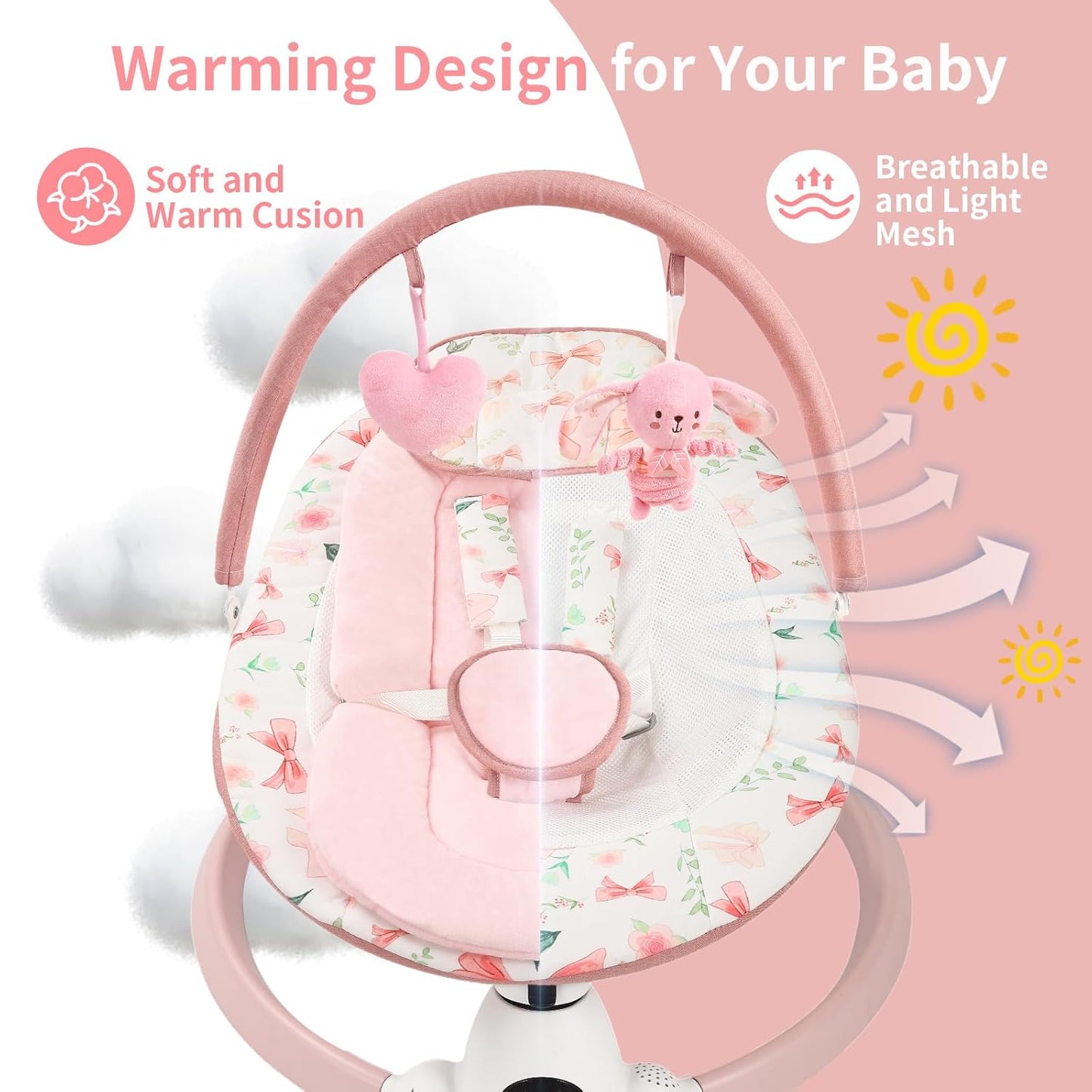 Baby Swing for Infants with 5 Swing Speeds, Portable Electric Baby Swing with Bluetooth, Touch Panel, 5-Point Harness, Indoor & Outdoor Use, Pink
