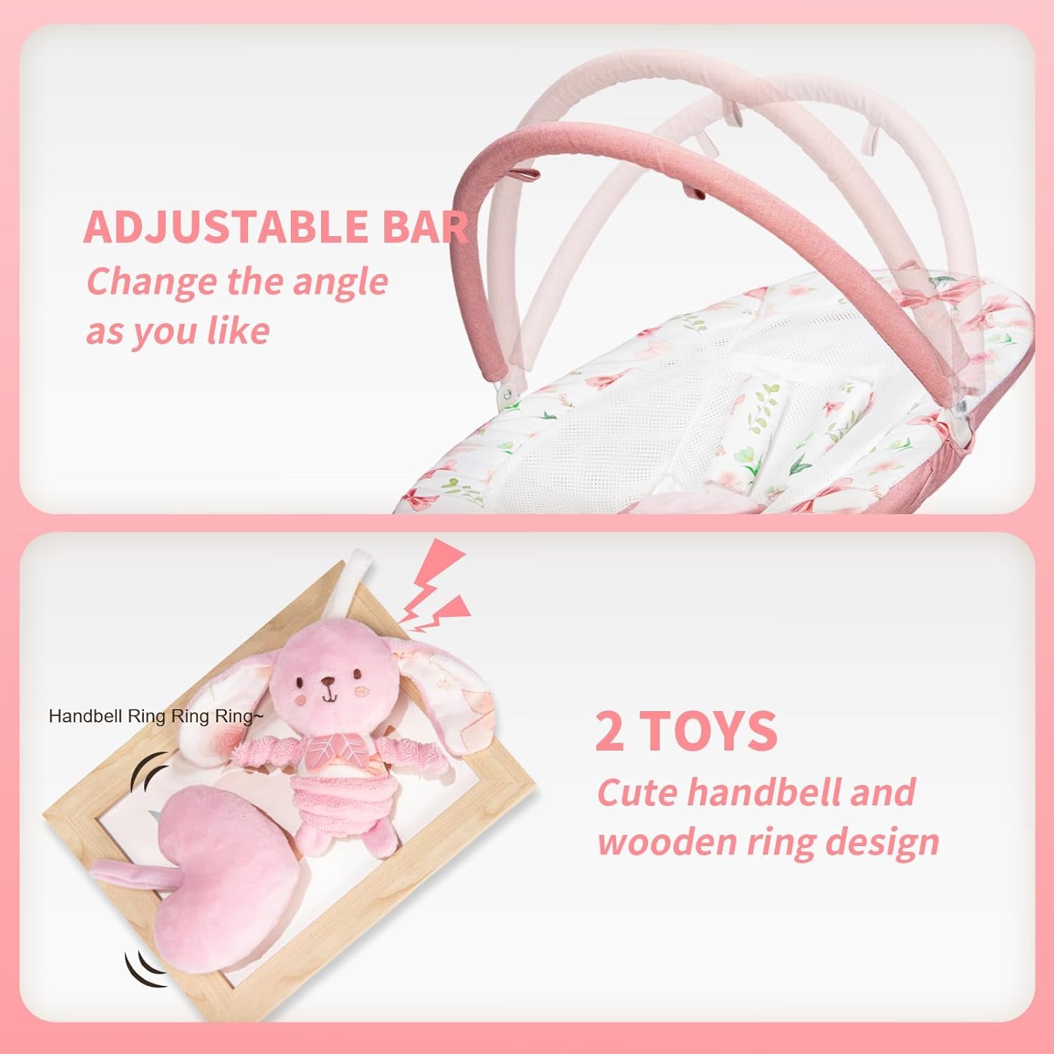 Baby Swing for Infants with 5 Swing Speeds, Portable Electric Baby Swing with Bluetooth, Touch Panel, 5-Point Harness, Indoor & Outdoor Use, Pink