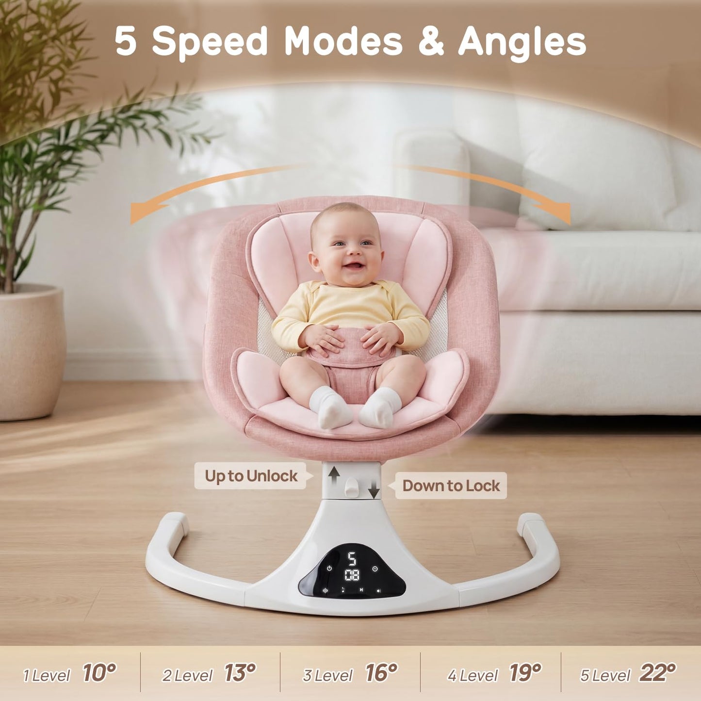 Electric Baby Swing with Remote Control - 5 Natural Motion Speeds, Detachable Seat Pad, Bluetooth Technology & Music, Portable Infant Swing for Indoor/Outdoor Use (0-12M, 20Lbs, Pink)